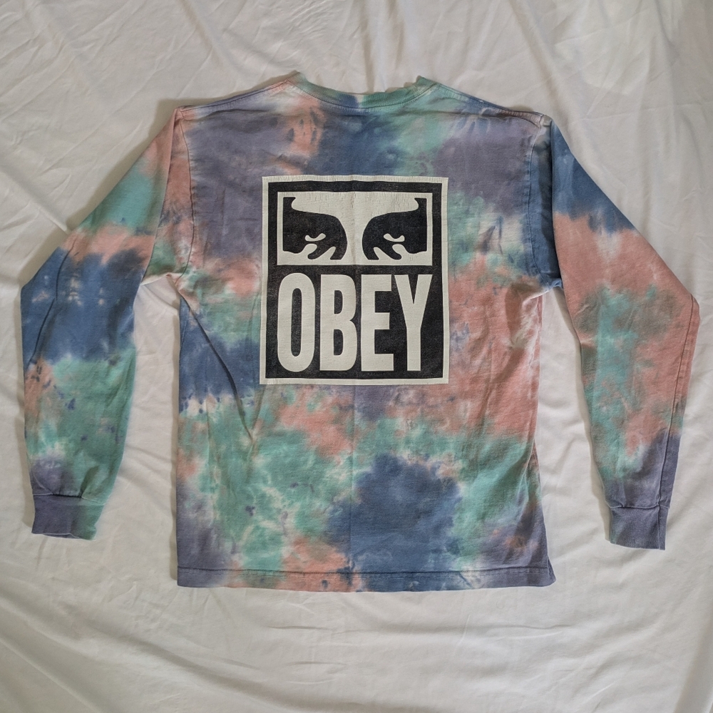 OBEY Logo Tie Dye Long Sleeve Skater T-Shirt Heavyweight Cotton Men's Size S